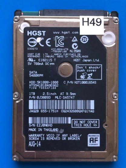 HGST HTS541010A9E662, PN 0J38093, MLC DA5747, 1TB SATA 2.5 Hard Drive