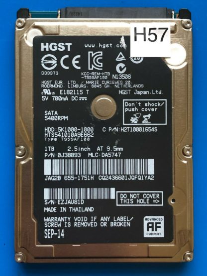 HGST HTS541010A9E662, PN 0J38093, MLC DA5747, 1TB SATA 2.5 Hard Drive
