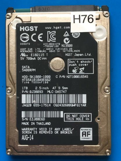 HGST HTS541010A9E662, PN 0J38093, MLC DA5747, 1TB SATA 2.5 Hard Drive