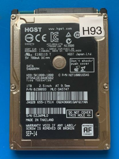 HGST HTS541010A9E662, PN 0J38093, MLC DA5747, 1TB SATA 2.5 Hard Drive