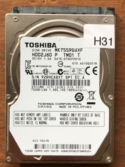 MK7559GSXF, A0/GQ201B, HDD2J60 P TM01 T, Toshiba 750GB SATA 2.5 Hard Drive