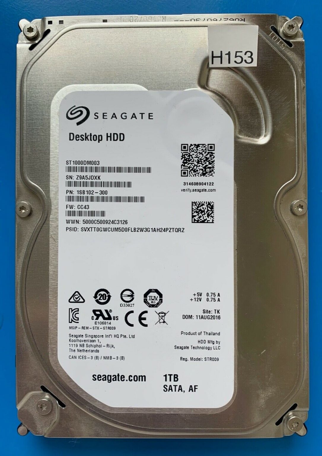 ST1000DM003 1SB102-300 Z9A5JDXK CC43 TK SEAGATE SATA 1TB 100774000 REV ...