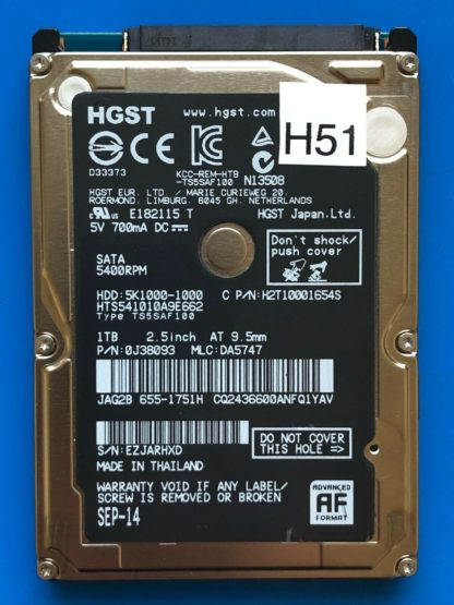 HGST HTS541010A9E662, PN 0J38093, MLC DA5747, 1TB SATA 2.5 Hard Drive