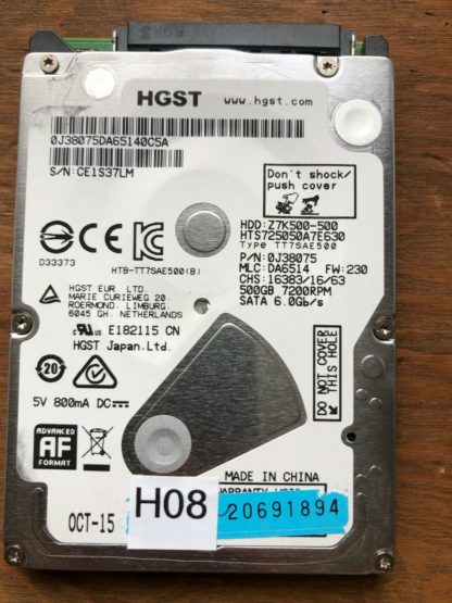 HGS HTS725050A7E630, PN 0J38745, MLC DA6514, Hitachi 500GB SATA 2.5 Hard Drive