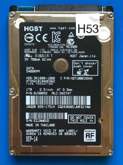 HGST HTS541010A9E662, PN 0J38093, MLC DA5747, 1TB SATA 2.5 Hard Drive