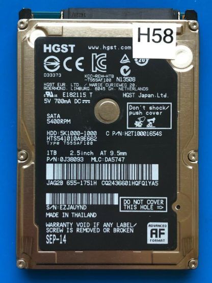 HGST HTS541010A9E662, PN 0J38093, MLC DA5747, 1TB SATA 2.5 Hard Drive