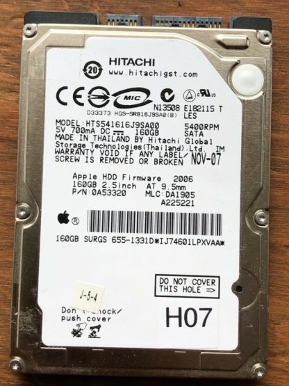 APPLE HITACHI HTS541616J9SA00 P/N: 0A53320 MLC: DA1905 160GB - THAILAND 0A52018