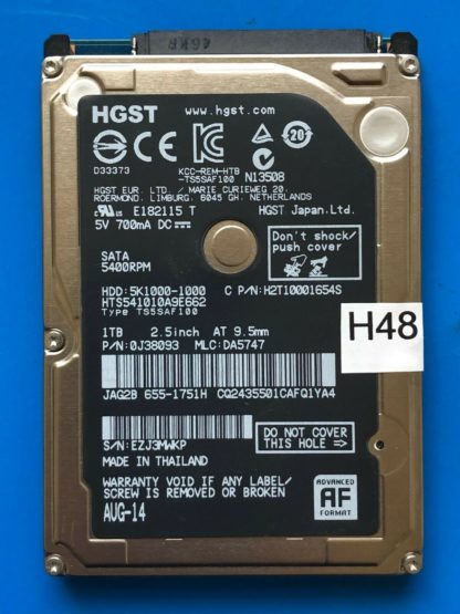 HGST HTS541010A9E662, PN 0J38093, MLC DA5747, 1TB SATA 2.5 Hard Drive