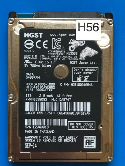 HGST HTS541010A9E662, PN 0J38093, MLC DA5747, 1TB SATA 2.5 Hard Drive