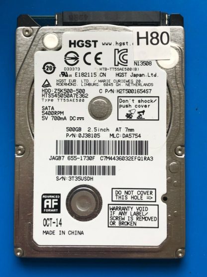HGST HTS545050A7E362, PN 0J38105, MLC DA5754, 500GB SATA 2.5 Hard Drive