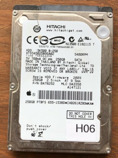 APPLE HITACHI HTS545025B9SA02 P/N: 0A78252 MLC: DA3350 250GB - THAILAND 0A90161