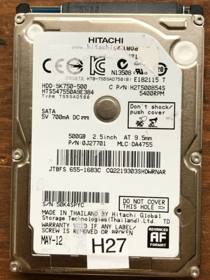 APPLE HITACHI HTS547550A9E384 P/N: 0J27701 MLC: DA4755 500GB - THAILAND 0A90269