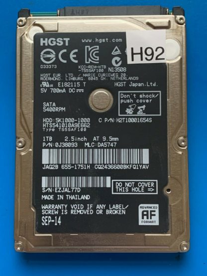 HGST HTS541010A9E662, PN 0J38093, MLC DA5747, 1TB SATA 2.5 Hard Drive