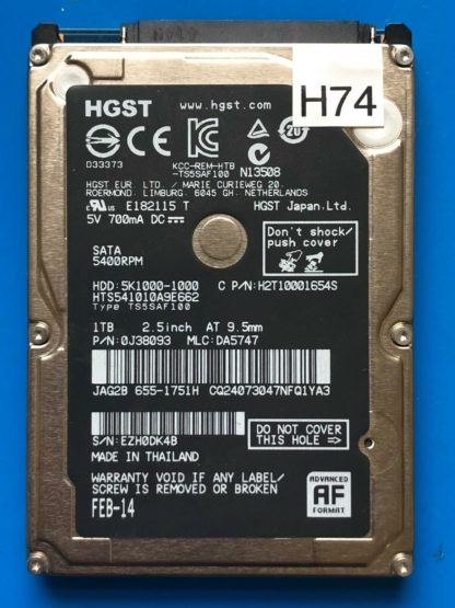 HGST HTS541010A9E662, PN 0J38093, MLC DA5747, 1TB SATA 2.5 Hard Drive