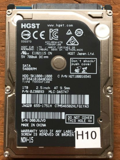 HGST HTS541010A9E662, PN 0J38093, MLC DA5747, Hitachi 1TB SATA 2.5 Hard Drive