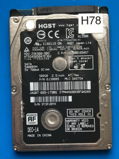 HGST HTS545050A7E362, PN 0J38085, MLC DA5754, 500GB SATA 2.5 Hard Drive
