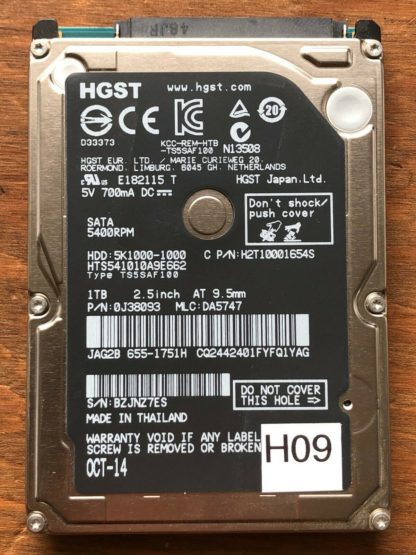 HGST HTS541010A9E662, PN 0J38093, MLC DA5747, Hitachi 1TB SATA 2.5 Hard Drive
