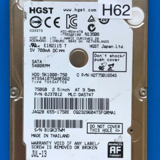 HGST HTS541075A9E662, PN 0J37012, MLC DA5747, 750GB SATA 2.5 Hard Drive