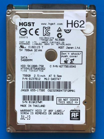 HGST HTS541075A9E662, PN 0J37012, MLC DA5747, 750GB SATA 2.5 Hard Drive