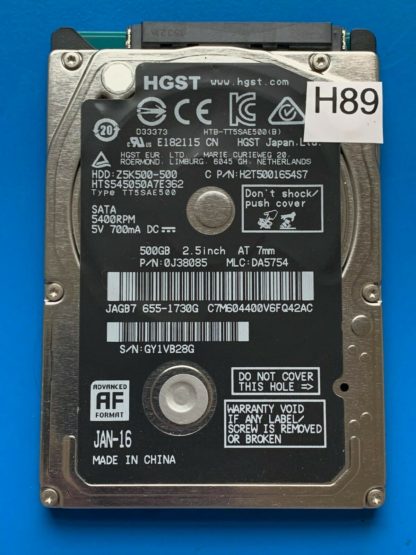 HGST HTS545050A7E362, PN 0J38085, MLC DA5754, 500GB SATA 2.5 Hard Drive