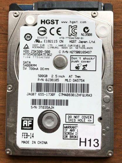 HGST HTS545050A7E362, PN 0J38105, MLC DA5754, Hitachi 500GB SATA 2.5 Hard Drive
