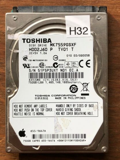 MK7559GSXF, E0/GQ005B, HDD2J60 P TV01 T, Toshiba 750GB SATA 2.5 Hard Drive