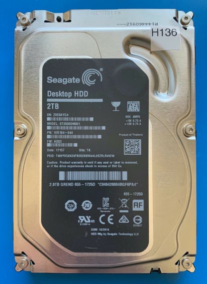 ST2000DM001 1ER164-044 Z8E0AYG4 AQ03 TK SEAGATE SATA 2TB 100762568 REV A