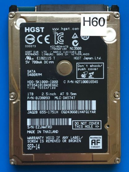 HGST HTS541010A9E662, PN 0J38093, MLC DA5747, 1TB SATA 2.5 Hard Drive