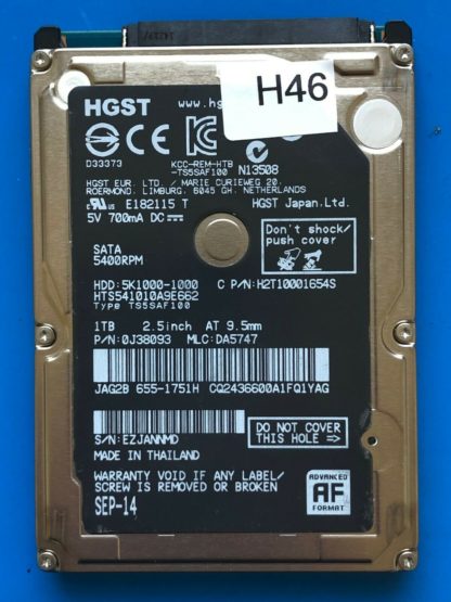 HGST HTS541010A9E662, PN 0J38093, MLC DA5747, 1TB SATA 2.5 Hard Drive