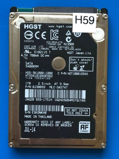 HGST HTS541010A9E662, PN 0J38093, MLC DA5747, 1TB SATA 2.5 Hard Drive
