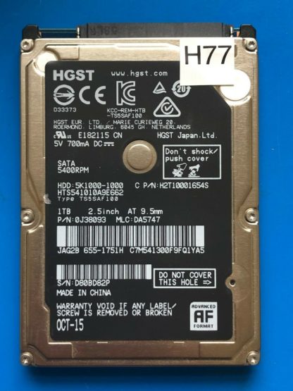 HGST HTS541010A9E662, PN 0J38093, MLC DA5747, 1TB SATA 2.5 Hard Drive