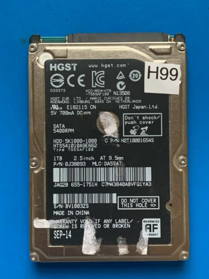 HGST HTS541010A9E662, PN 0J38093, MLC DA5747, 1TB SATA 2.5 Hard Drive
