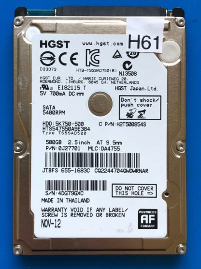 HGST HTS547550A9E384, PN 0J27701, MLC DA4755, 500GB SATA 2.5 Hard Drive