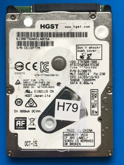 HGST HTS725050A7E630, PN 0J38075, MLC DA6514, 500GB SATA 2.5 Hard Drive