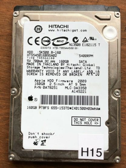 APPLE HITACHI HTS545016B9SA02 P/N: 0A78251 MLC: DA3350 160GB - THAILAND 0A90161