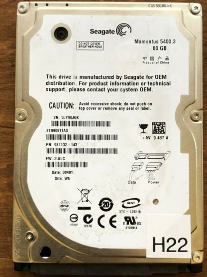 APPLE Seagate ST980811AS P/N: 9S1132-143 FW: 3.ALC 80GB - China 100398689 REV C