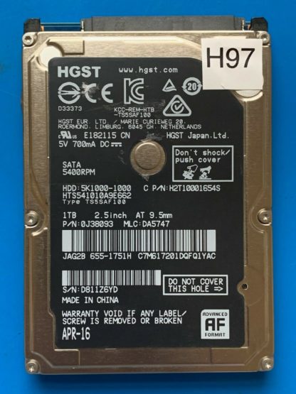 HGST HTS541010A9E662, PN 0J38093, MLC DA5747, 1TB SATA 2.5 Hard Drive